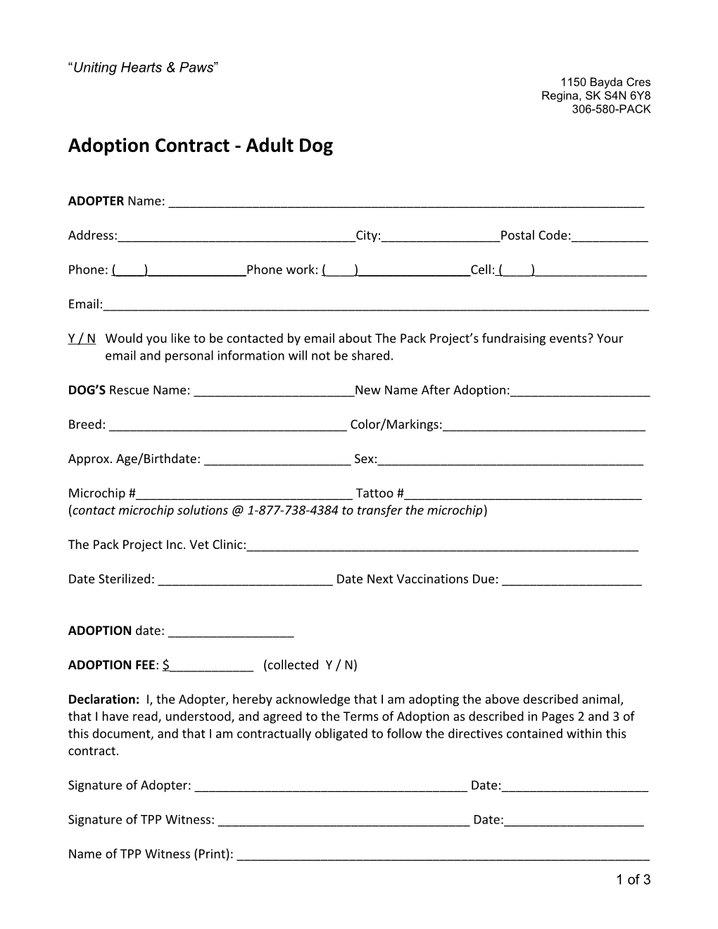 Adoption Contract - Adult Dog