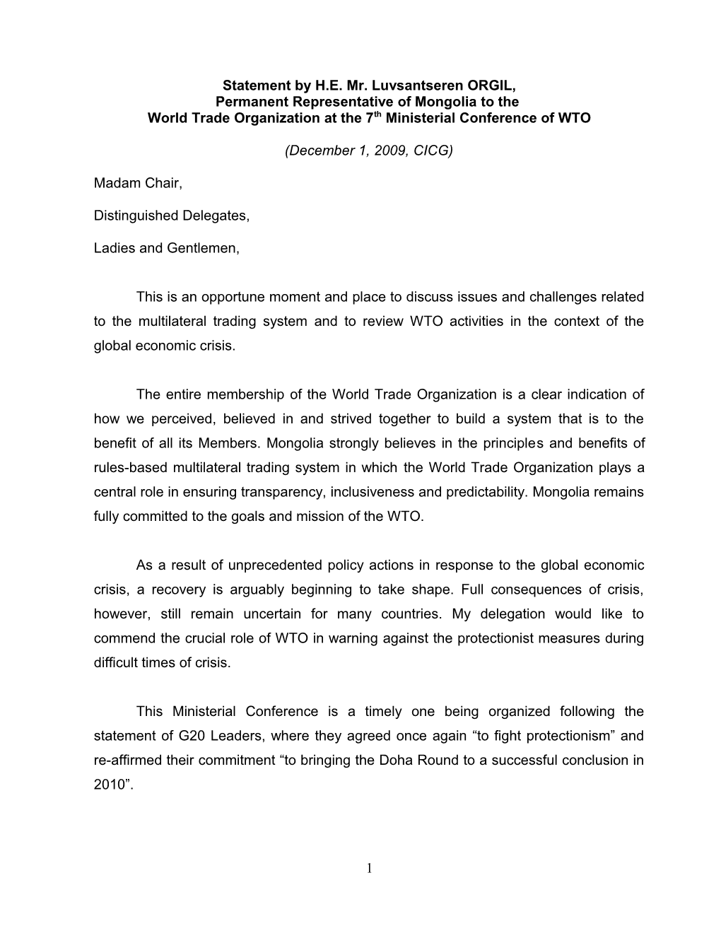 Statement by Minister for Foreign Affairs and Trade of Mongolia