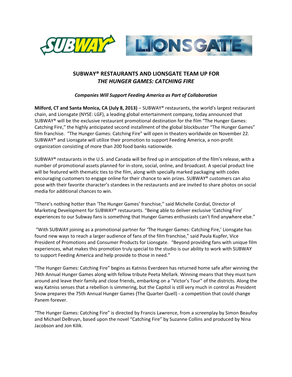 Subway Restaurants and Lionsgate Team up For