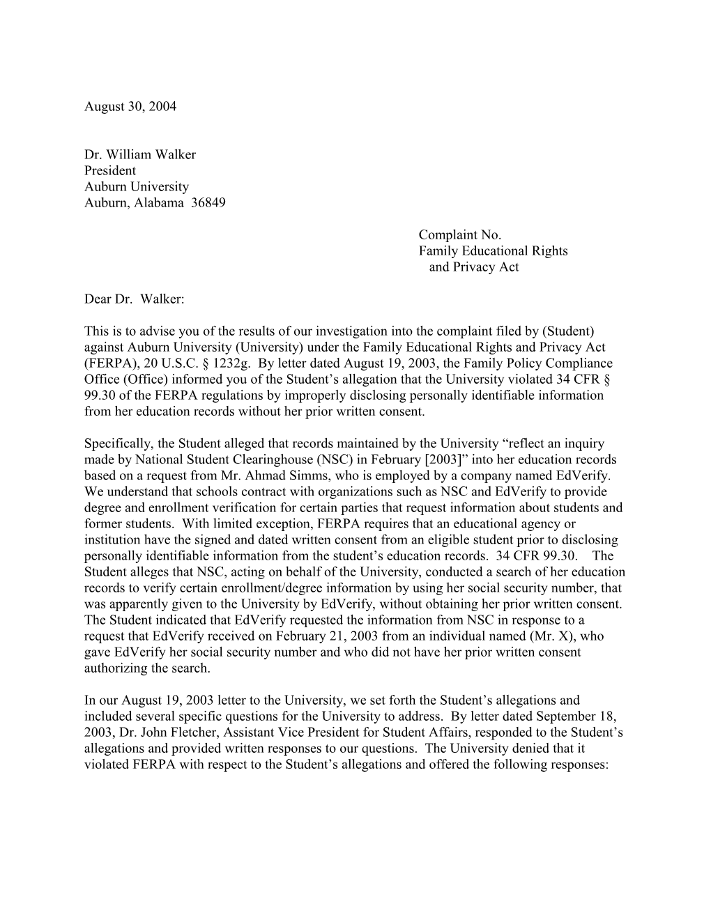 Letter to Auburn University Re: National Student Clearinghouse (MS Word)
