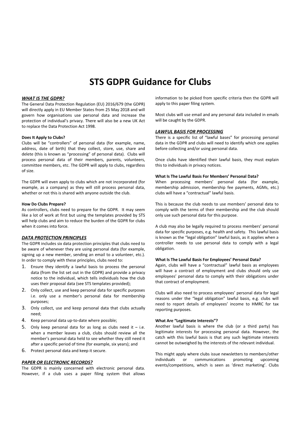 STS GDPR Guidance for Clubs