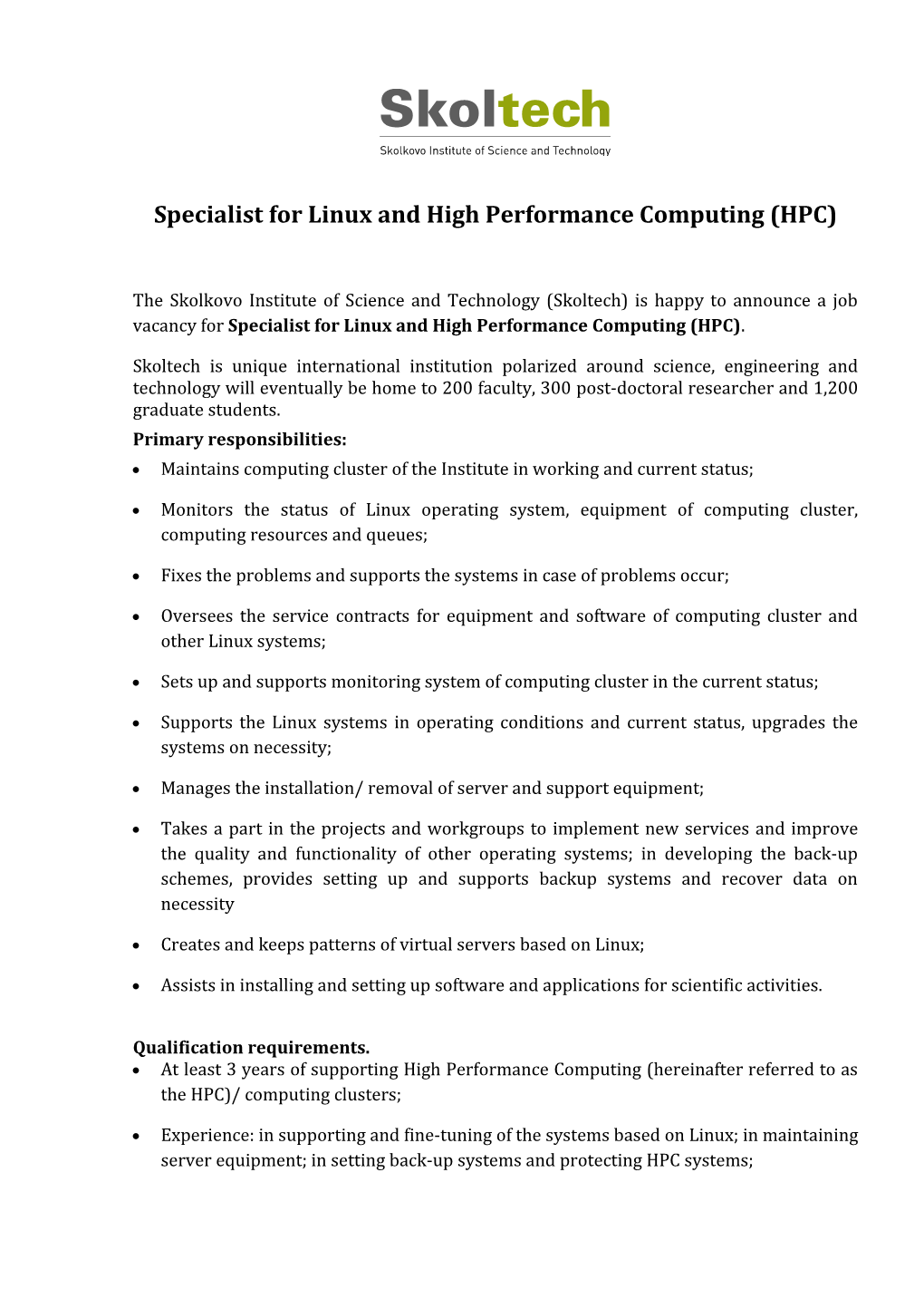 Specialist for Linux and High Performance Computing (HPC)
