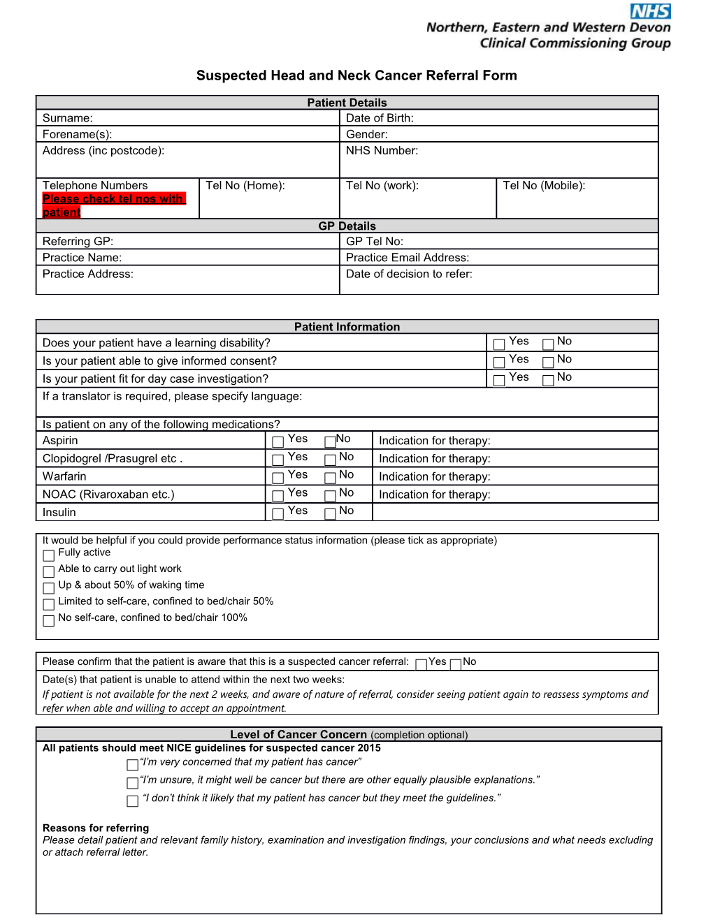 Suspected Head and Neck Cancer Referral Form