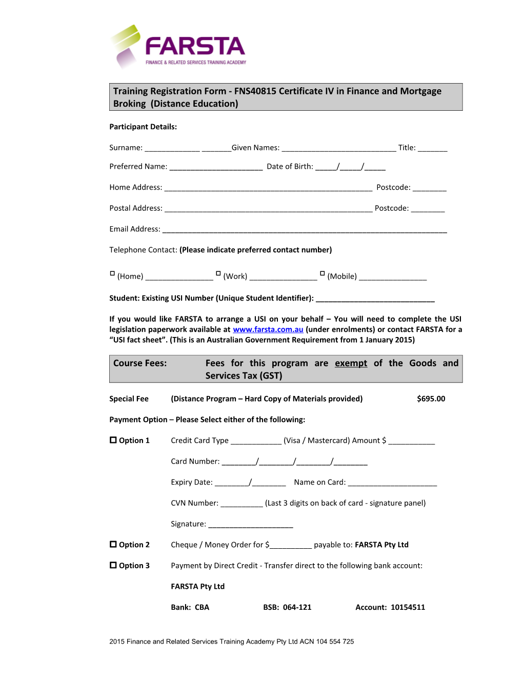 Training Registration Form - Fns40815certificate IV in Finance and Mortgage Broking (Distance