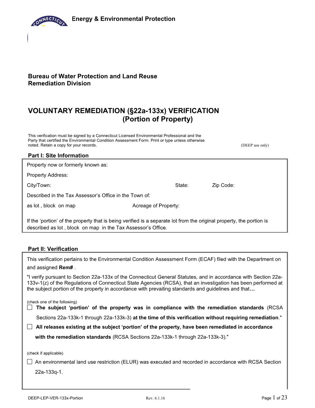 VOLUNTARY REMEDIATION ( 22A-133X) VERIFICATION (Portion)