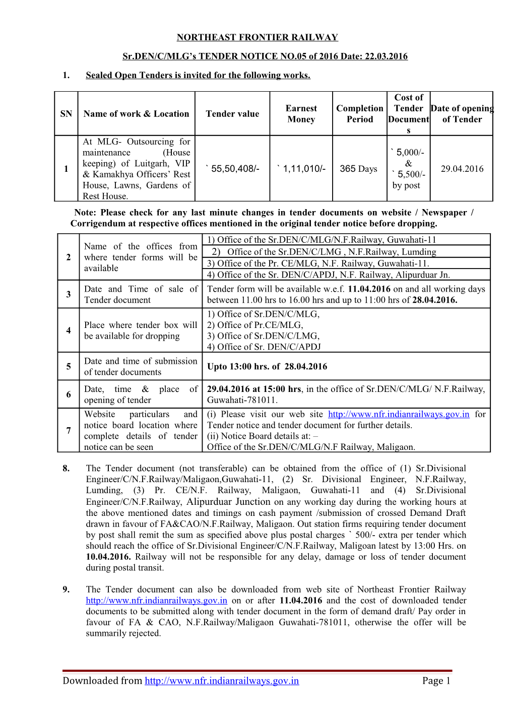 1. Sealed Open Tenders Is Invited for the Following Works