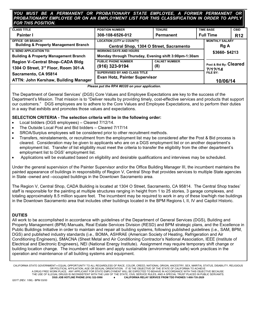 Local Bidders (DGS Employees) Cleared 7/12/14. &lt;Br&gt;