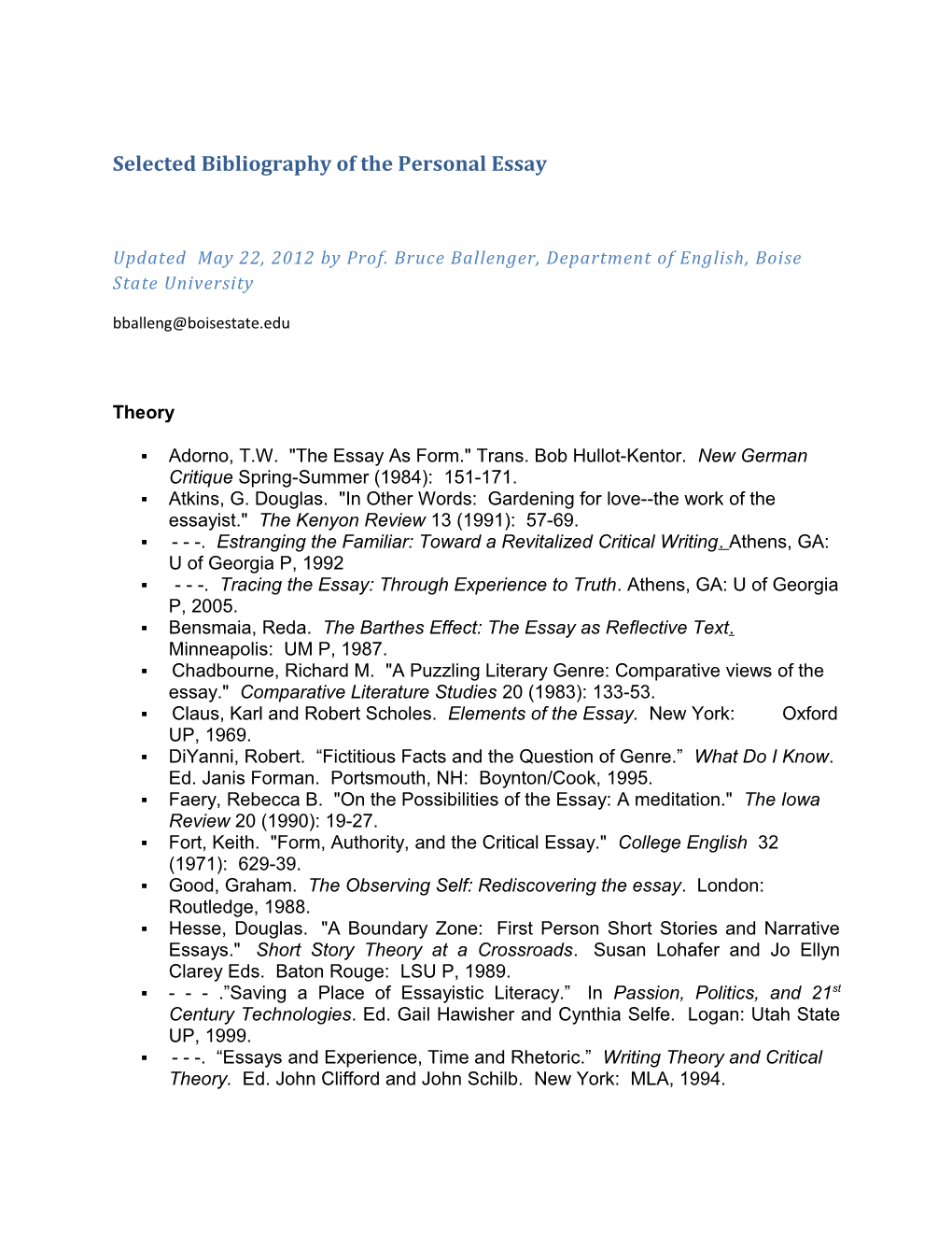 Selected Bibliography of the Personal Essay