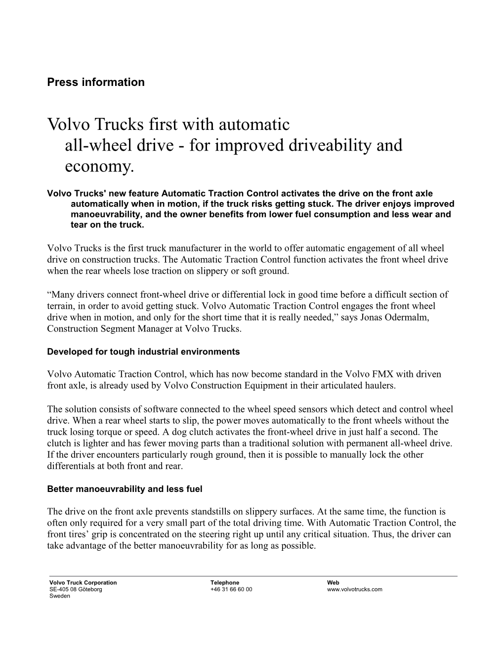 Volvo Trucks First with Automaticall-Wheel Drive - for Improveddriveability and Economy