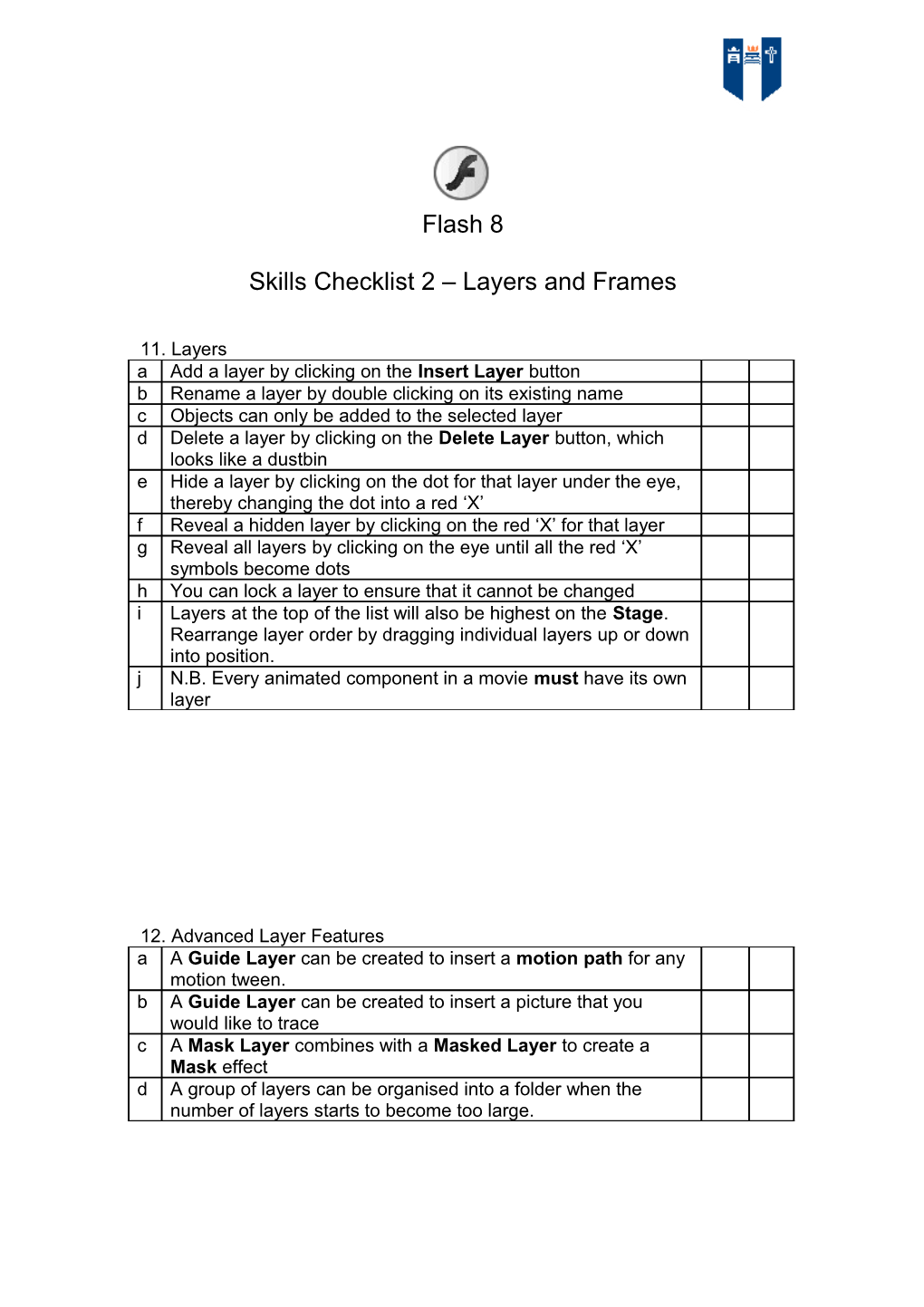Skills Checklist 2 Layers and Frames
