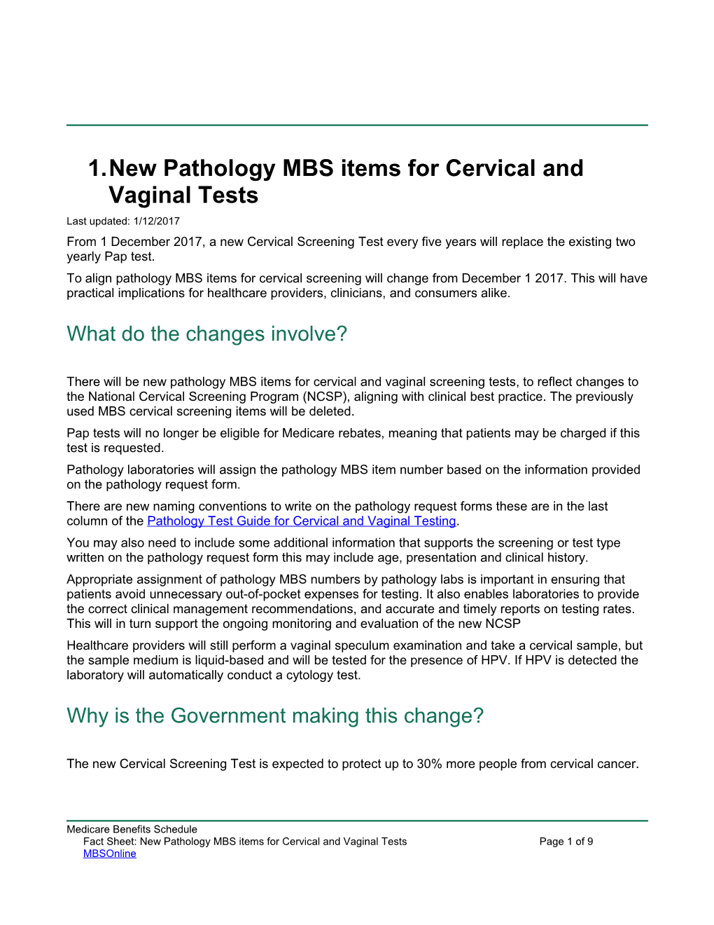 New Pathology MBS Items for Cervical and Vaginal Tests