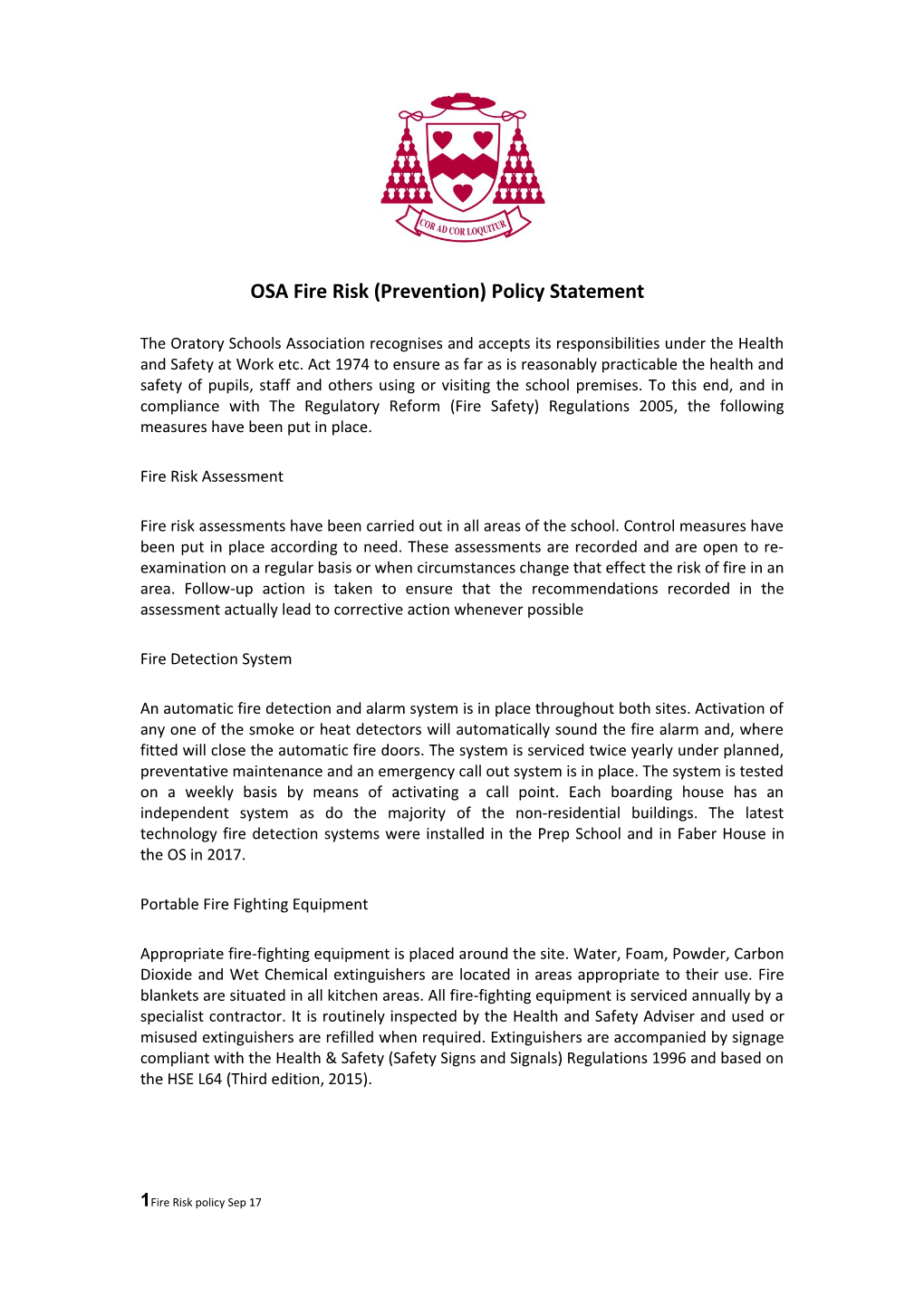 OSA Fire Risk (Prevention) Policy Statement