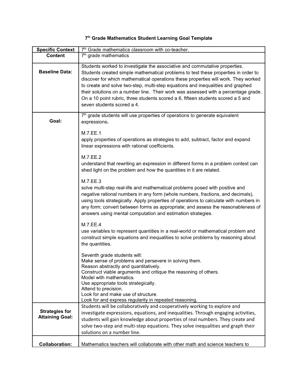 7Th Grade Mathematics Student Learning Goal Template