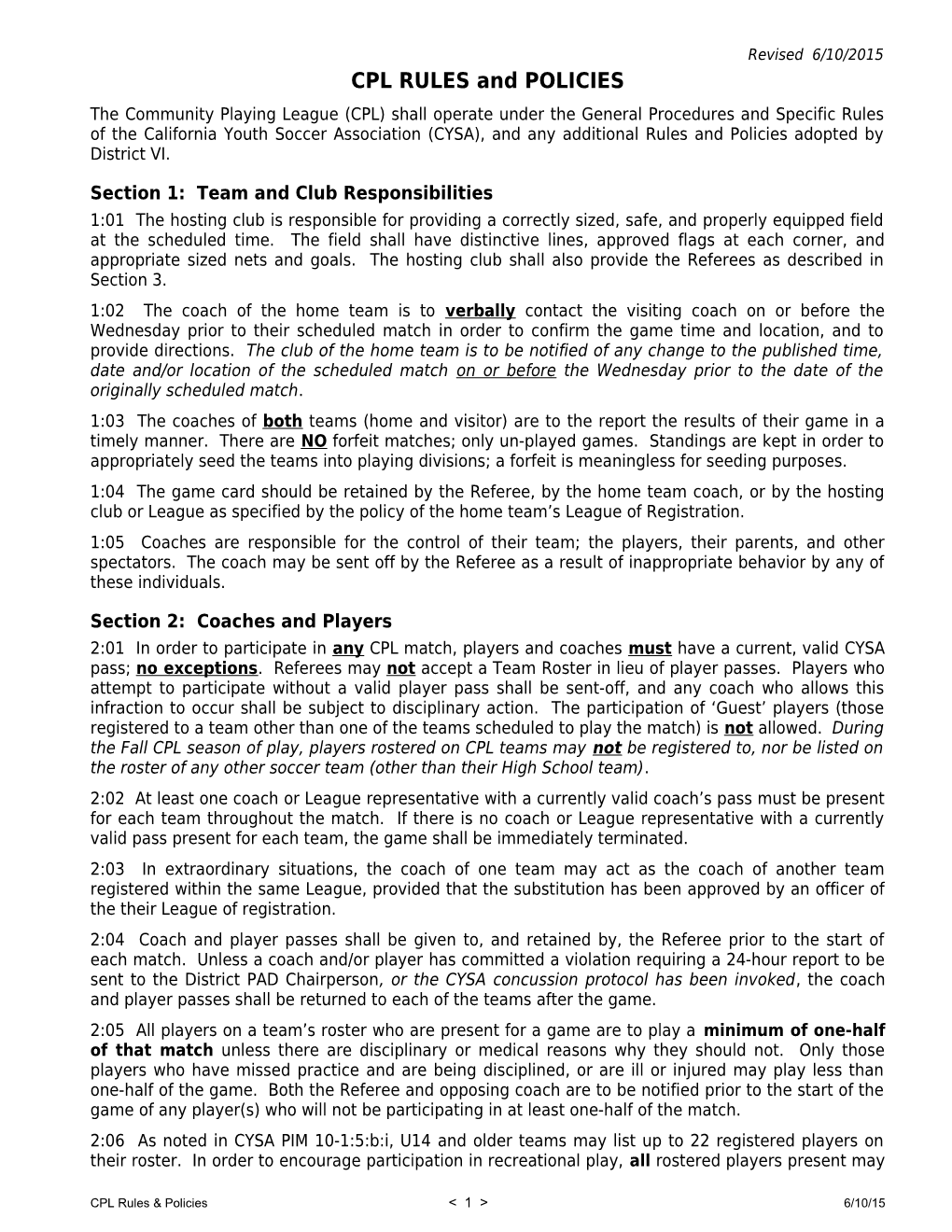 Section 1: Team and Club Responsibilities