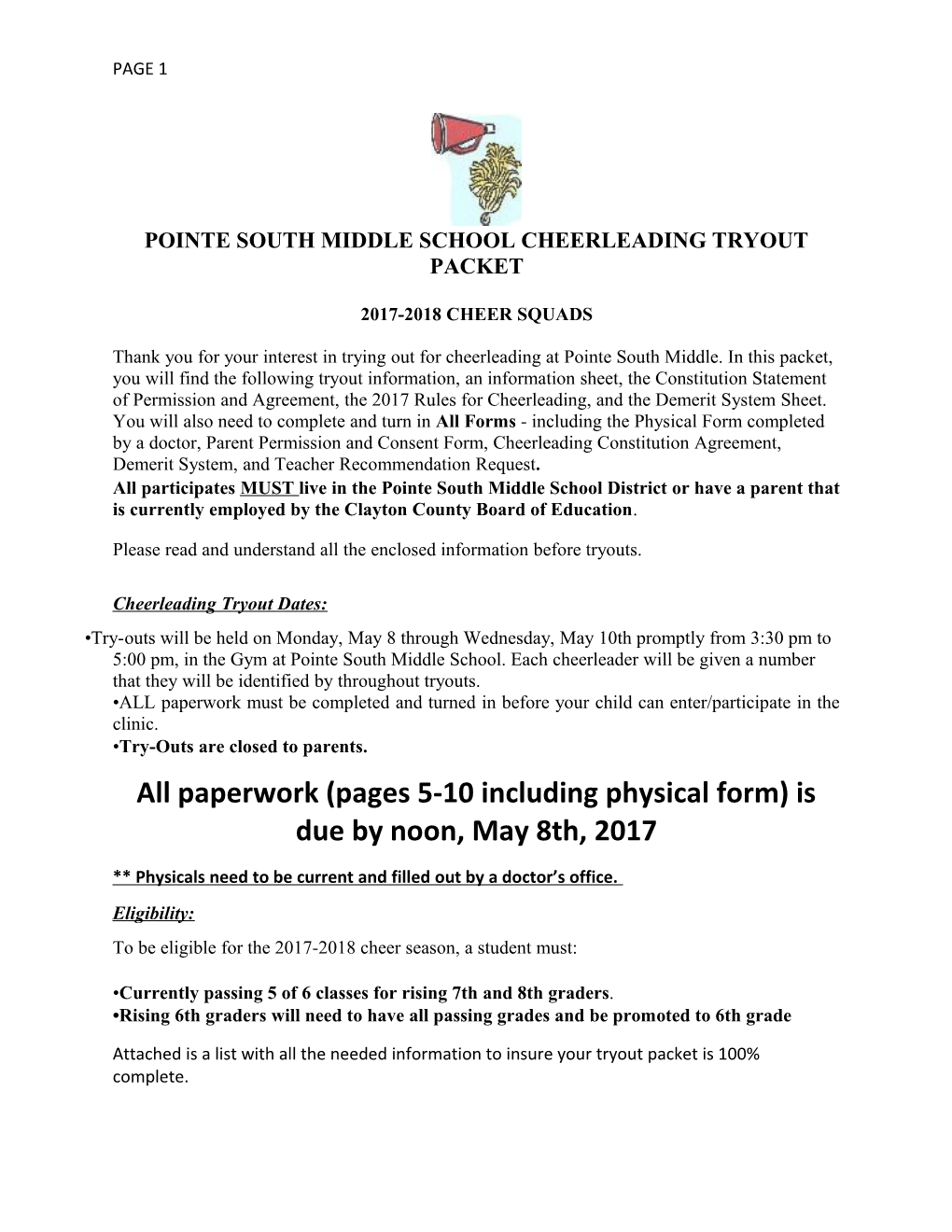Pointe South Middle School Cheerleading Tryout Packet