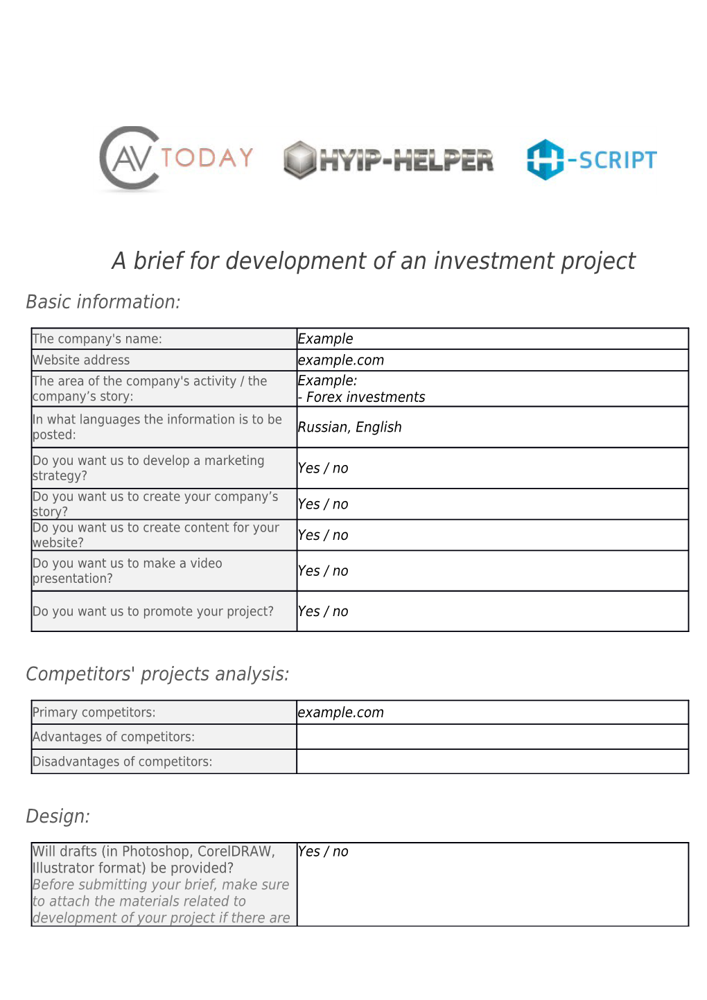 A Brief for Development of an Investment Project