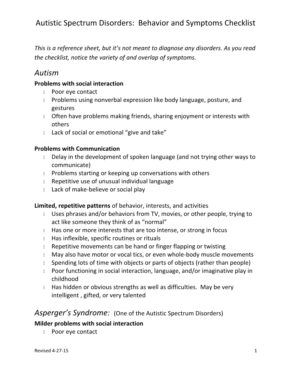 Communication Disorders Handout: Symptoms and Behaviors Checklist Autistic Spectrum Disorders