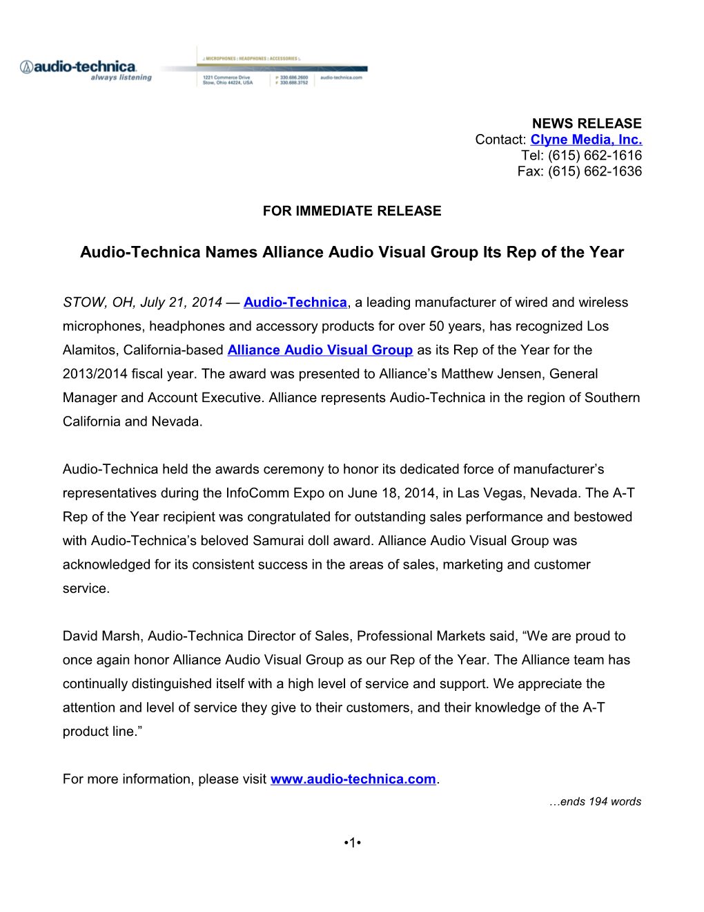 Audio-Technica Names Alliance Audio Visual Group Its Rep of the Year