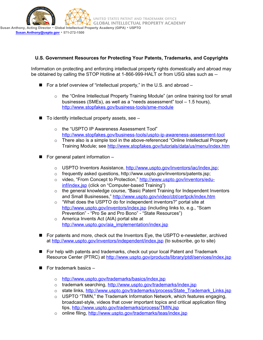 U.S. Government Resources for Protecting Your Patents, Trademarks, and Copyrights