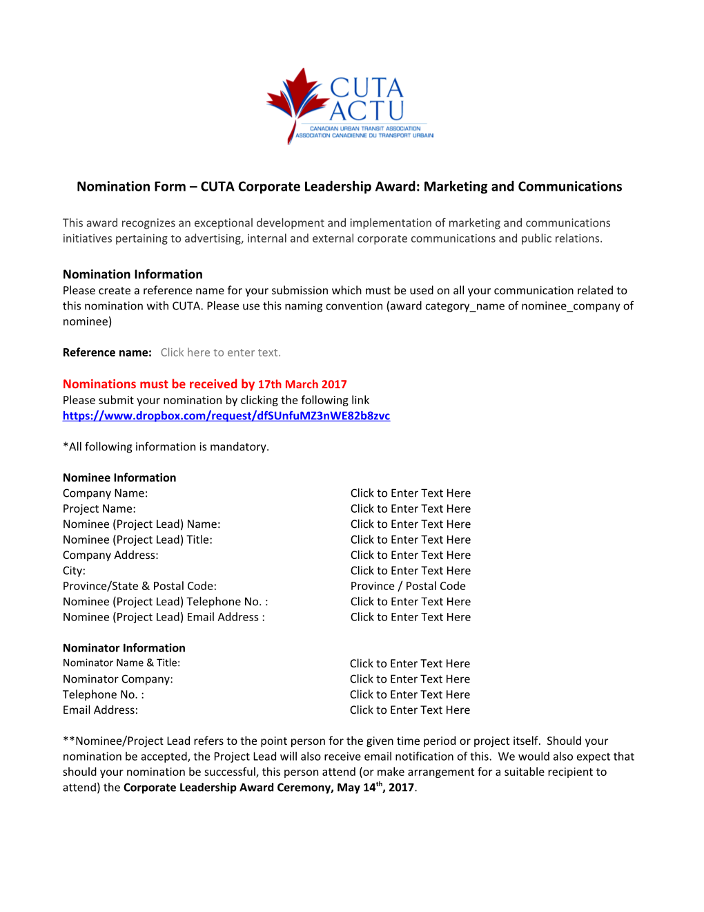 Nomination Form CUTA Corporate Leadership Award:Marketing and Communications