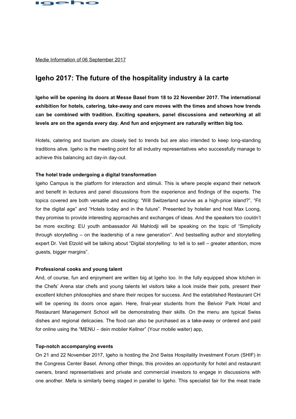 Igeho 2017: the Future of the Hospitality Industry À La Carte