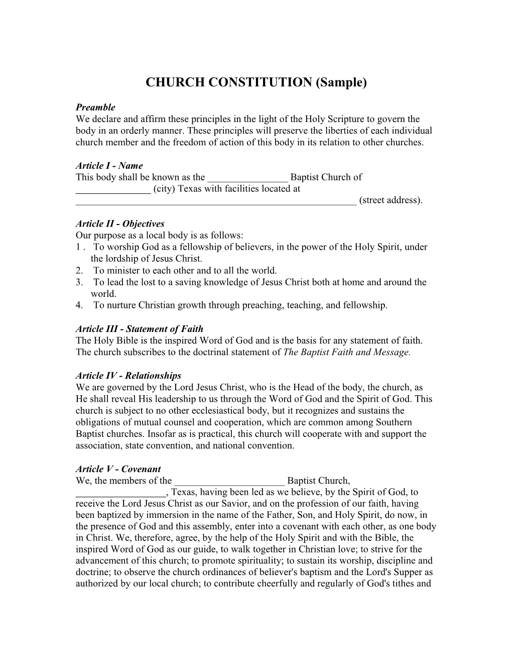 CHURCH CONSTITUTION (Sample)