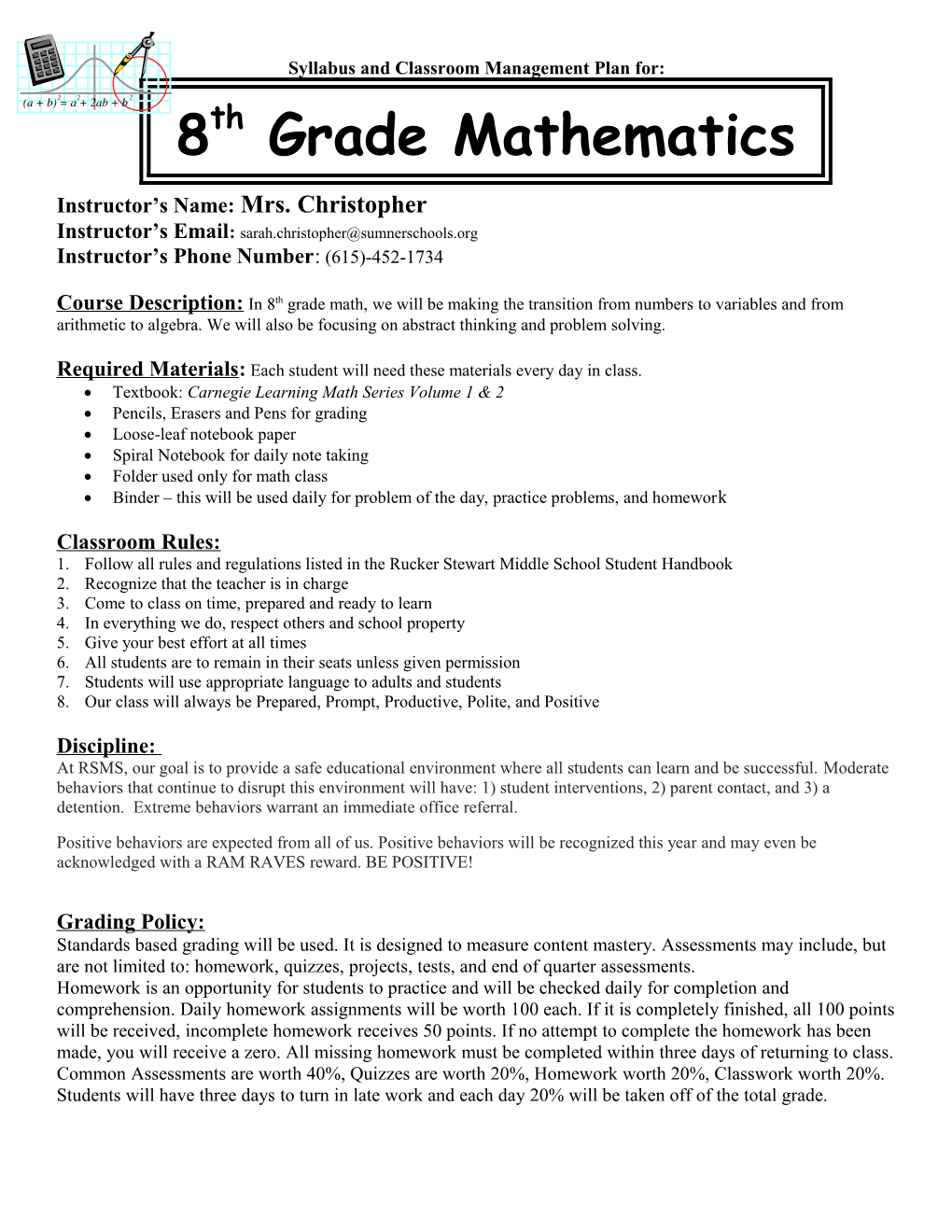 Syllabus and Classroom Management Plan for 8Th Grade Pre-Algebra