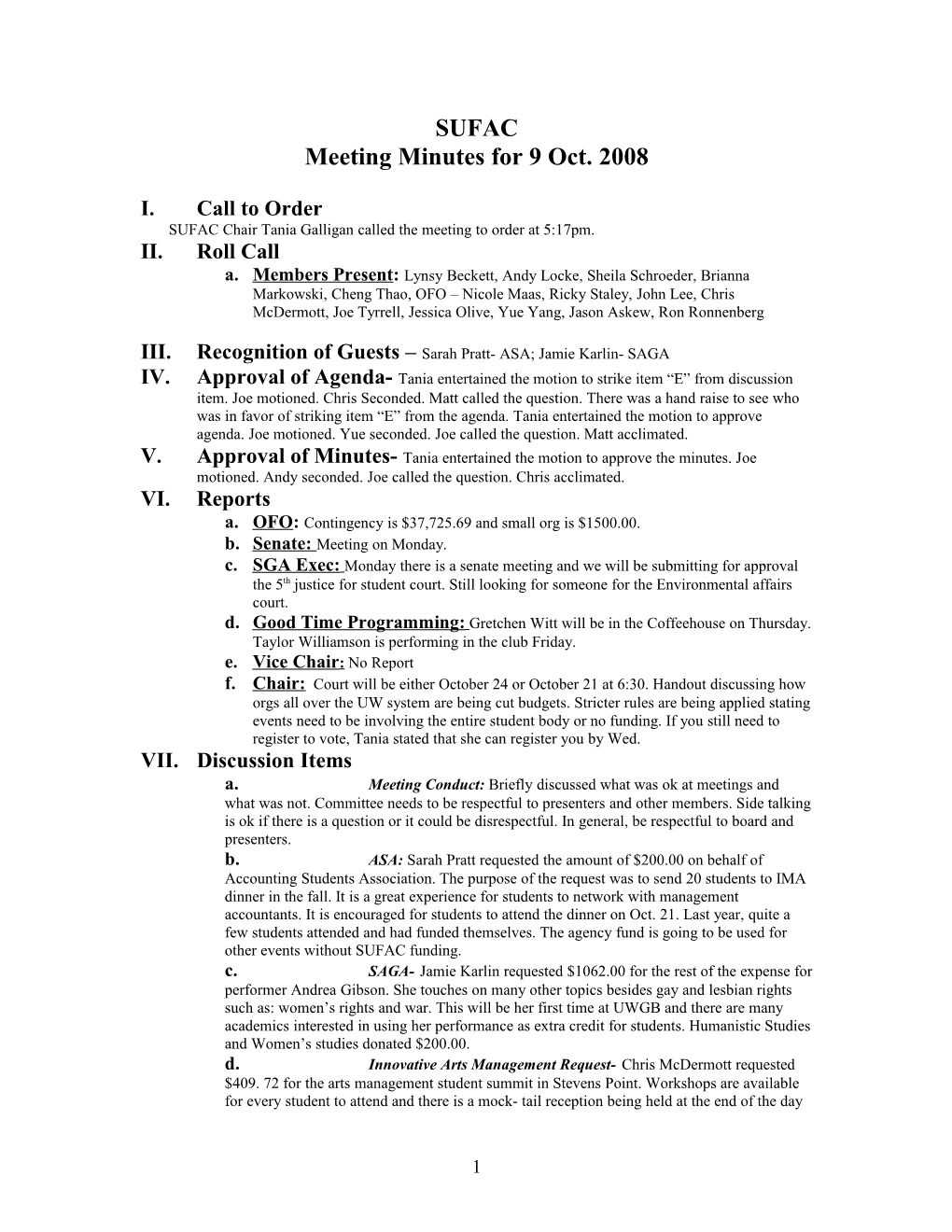 Meeting Minutes for 9 Oct. 2008