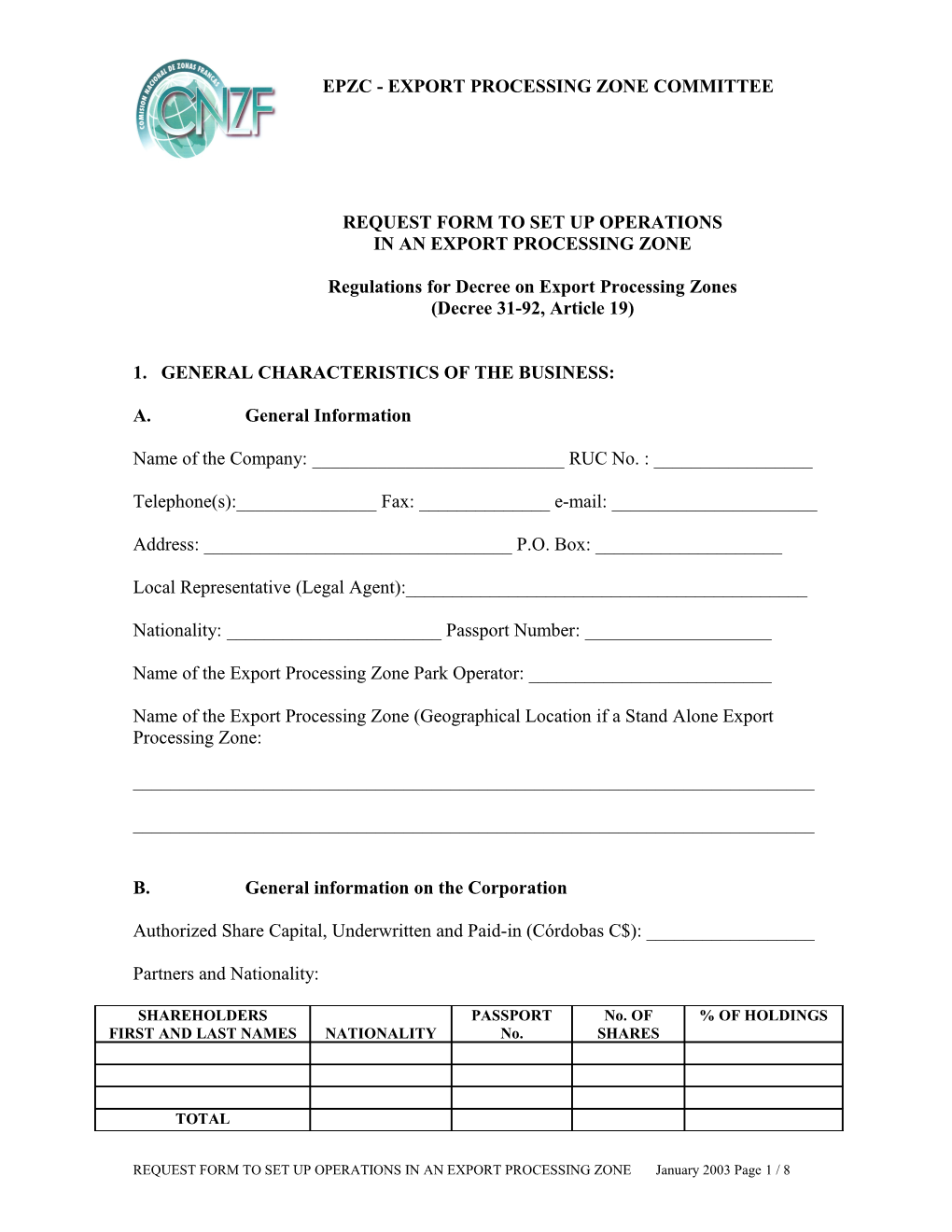 Request Form to Set up Operations