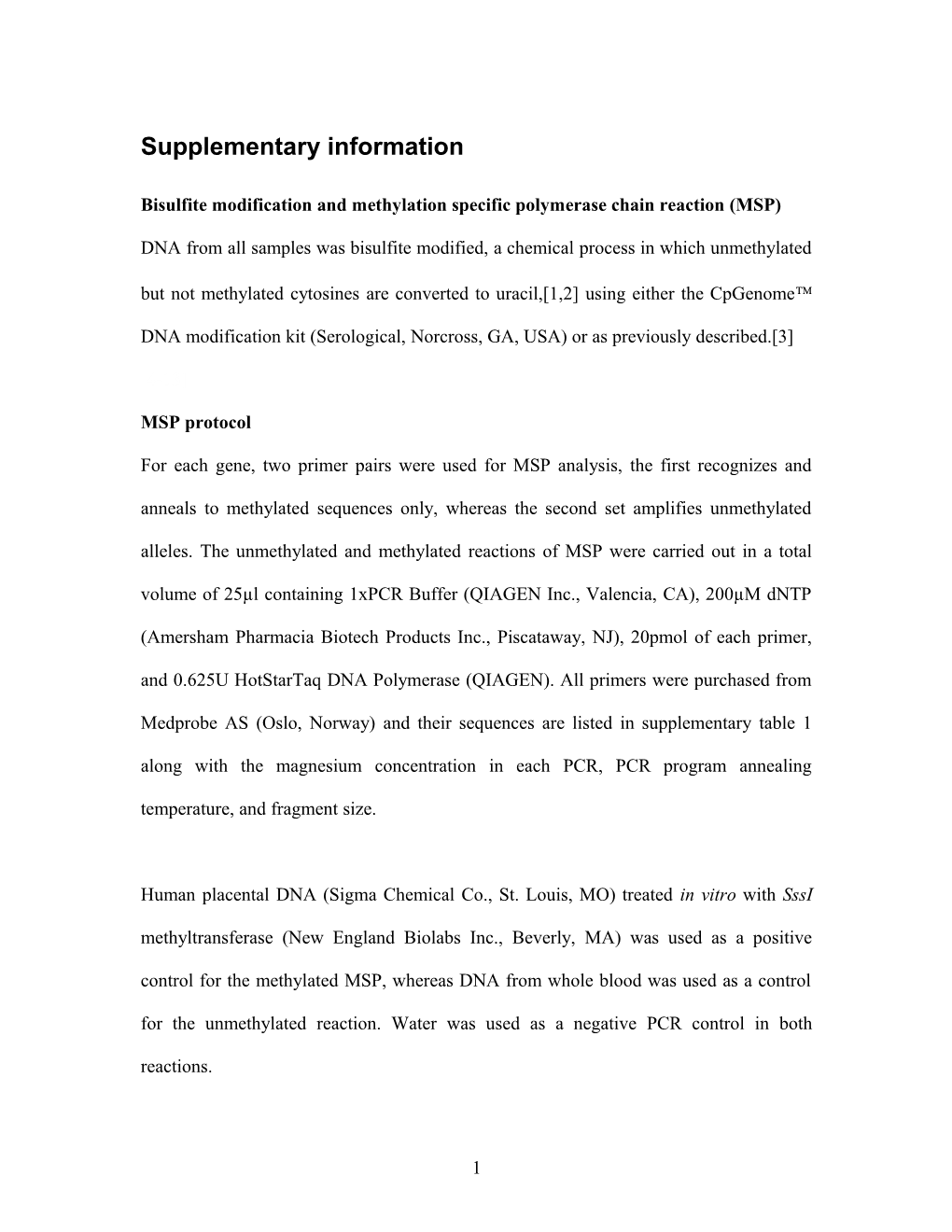 Bisulfite Modification and Methylation Specific Polymerase Chain Reaction (MSP)