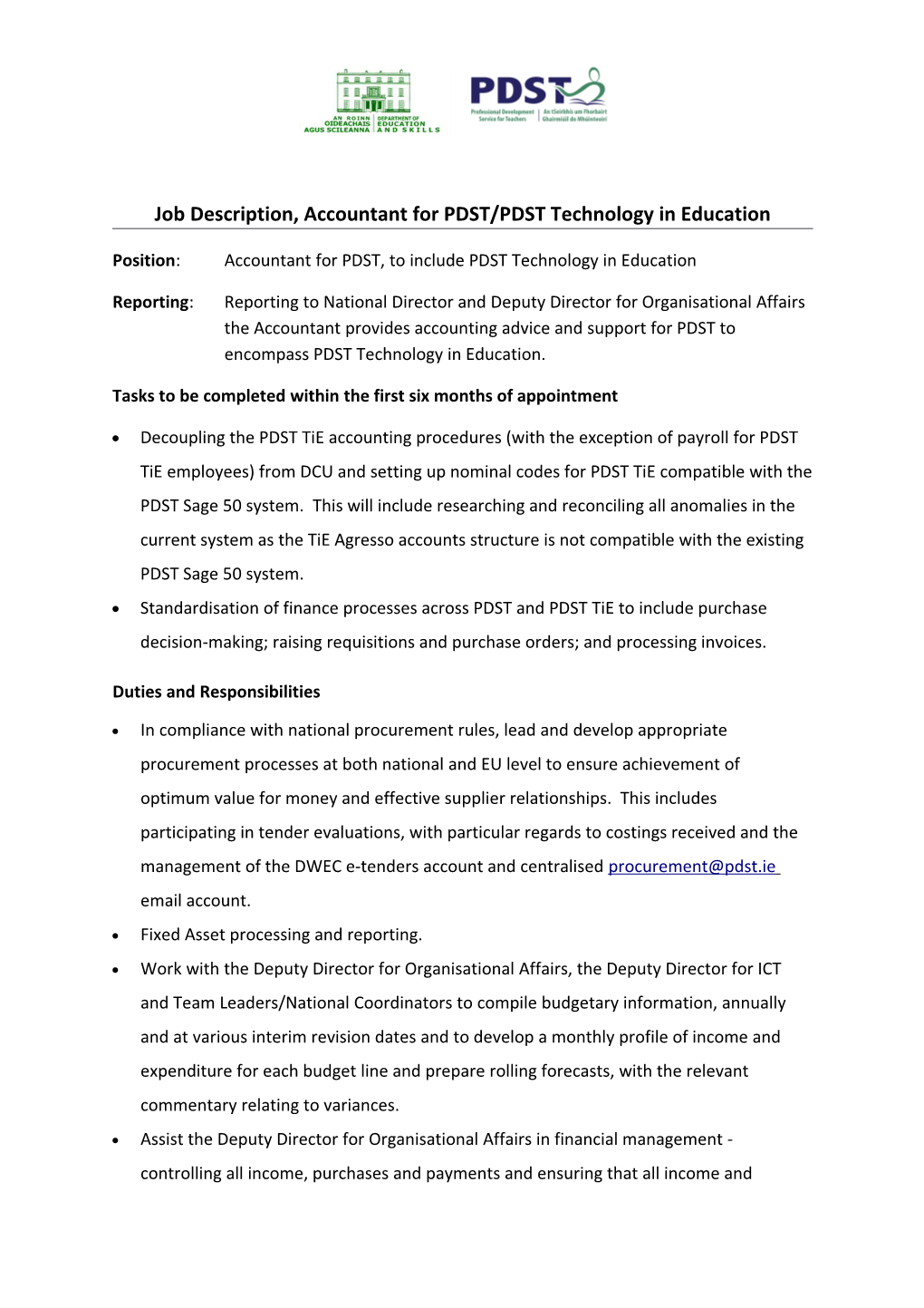 Job Description, Accountant for PDST/PDST Technology in Education