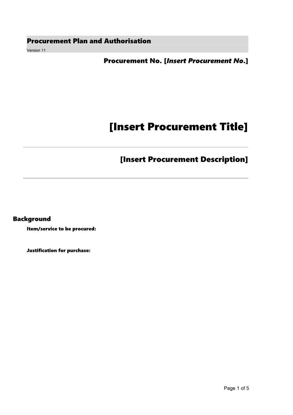 Procurement Plan and Authorisation