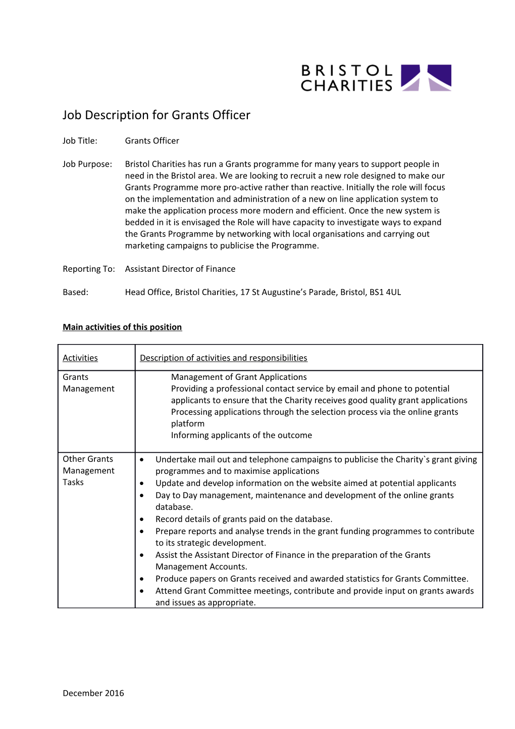 Job Description for Grants Officer