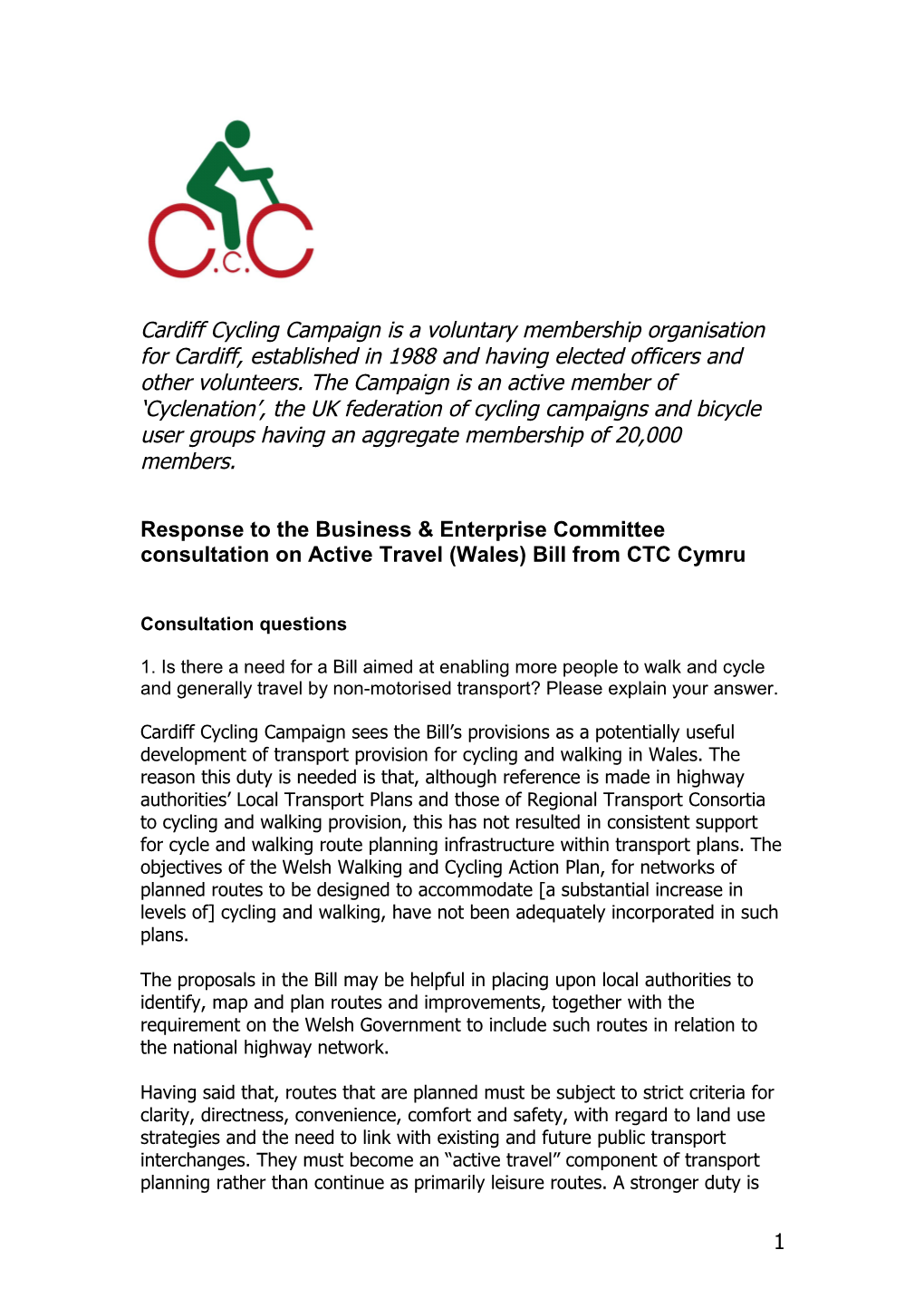Response to the Business & Enterprise Committee Consultation on Active Travel (Wales)