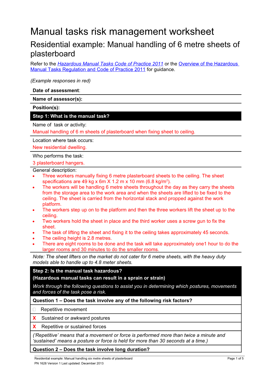 Residential Example: Manual Handling Plasterboard Assessment Tool