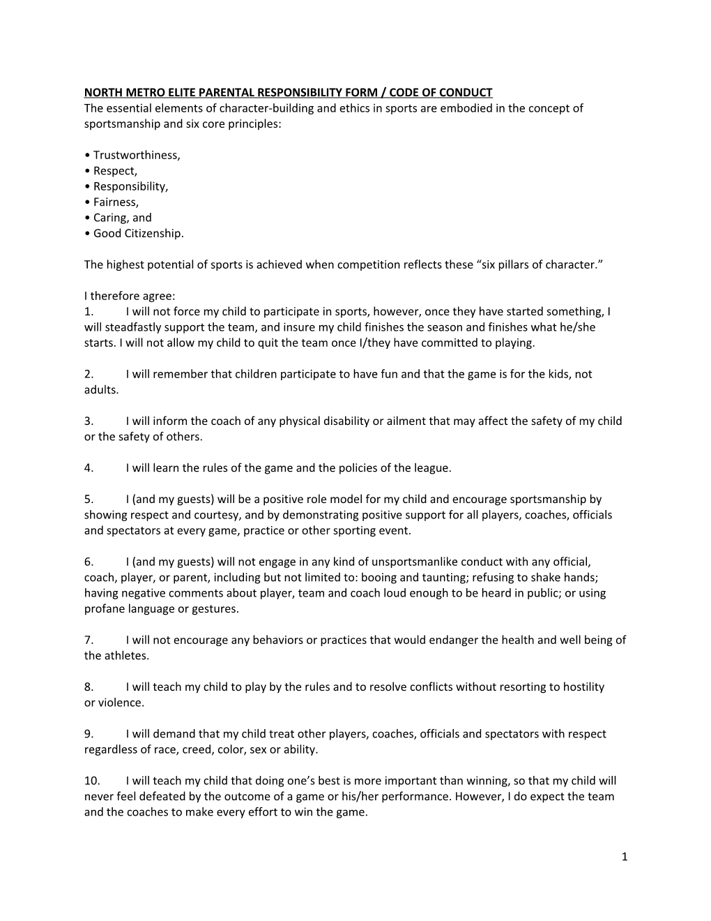 North Metro Elite Parental Responsibility Form / Code of Conduct