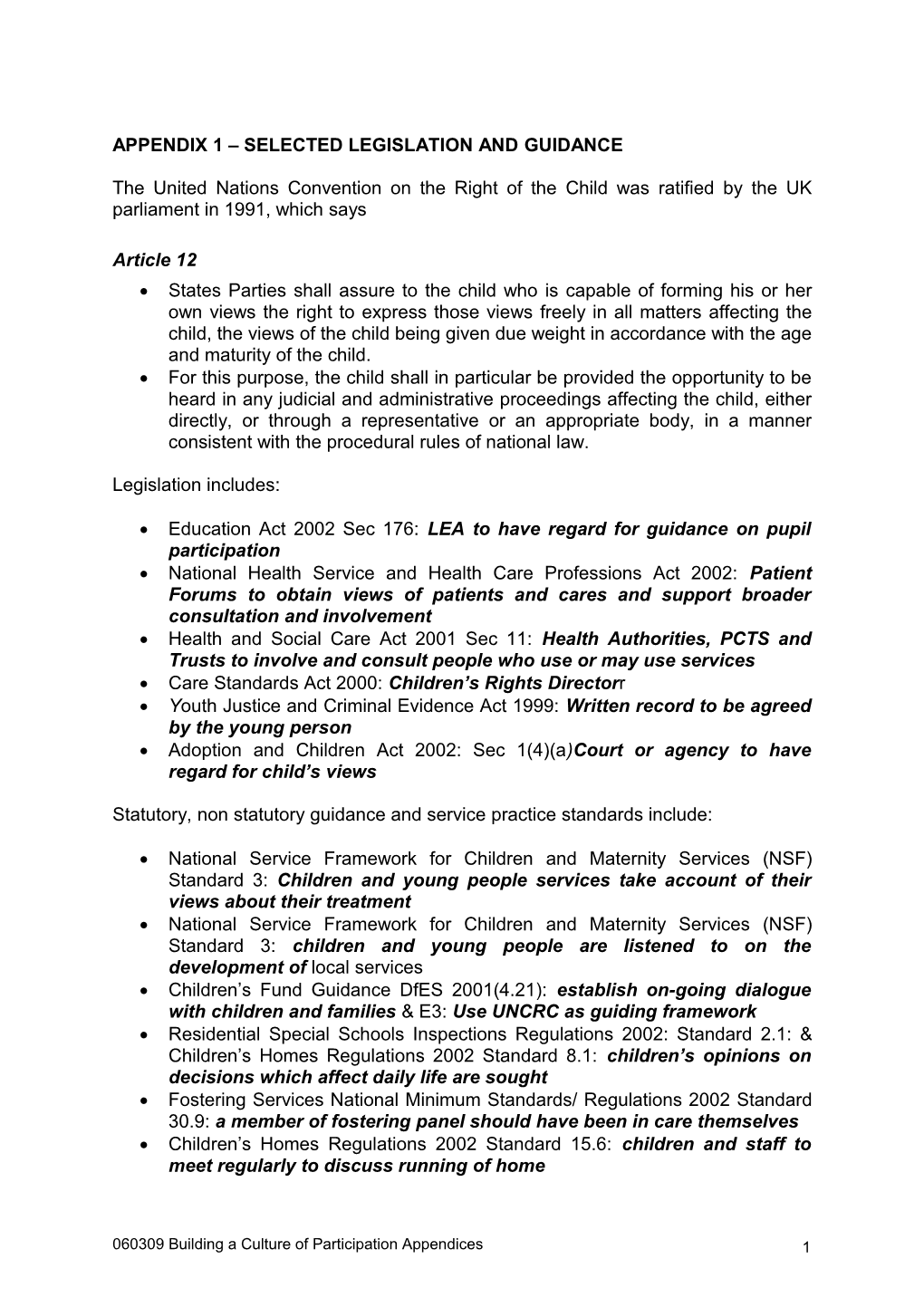 Appendix 1 Selected Legislation and Guidance