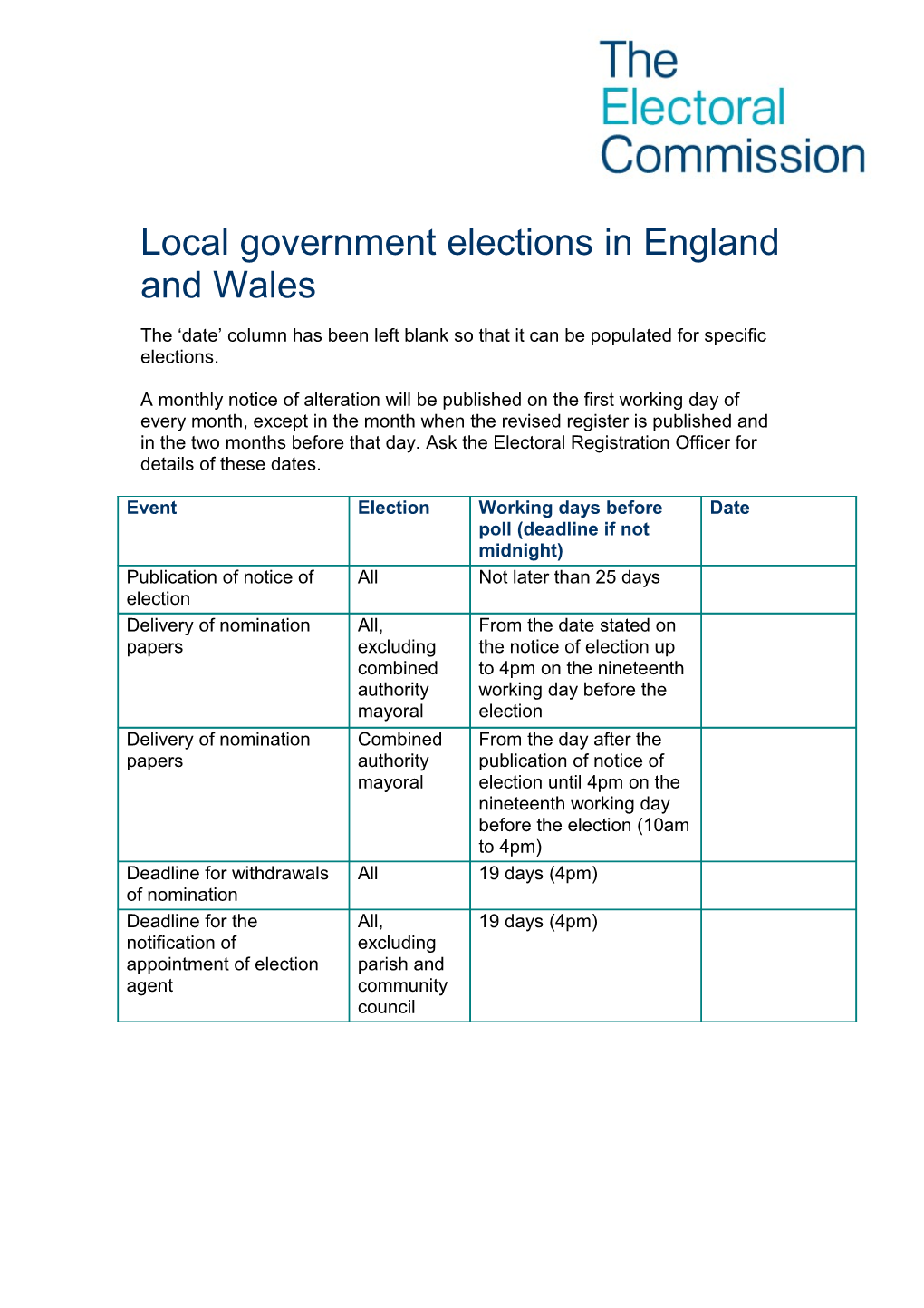 Election Timetable LGEW - Generic
