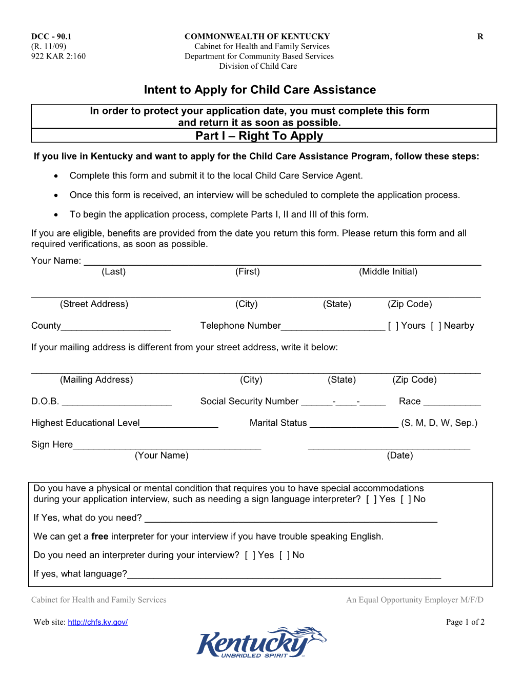 Intent to Apply for Child Care Assistance