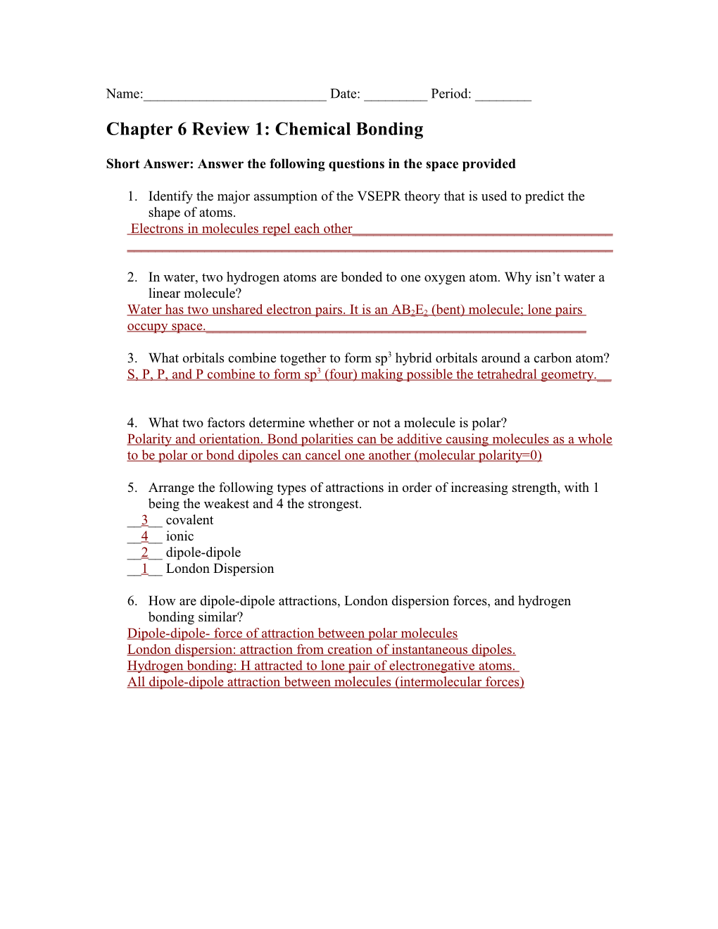 Chapter 6 Review 1: Chemical Bonding