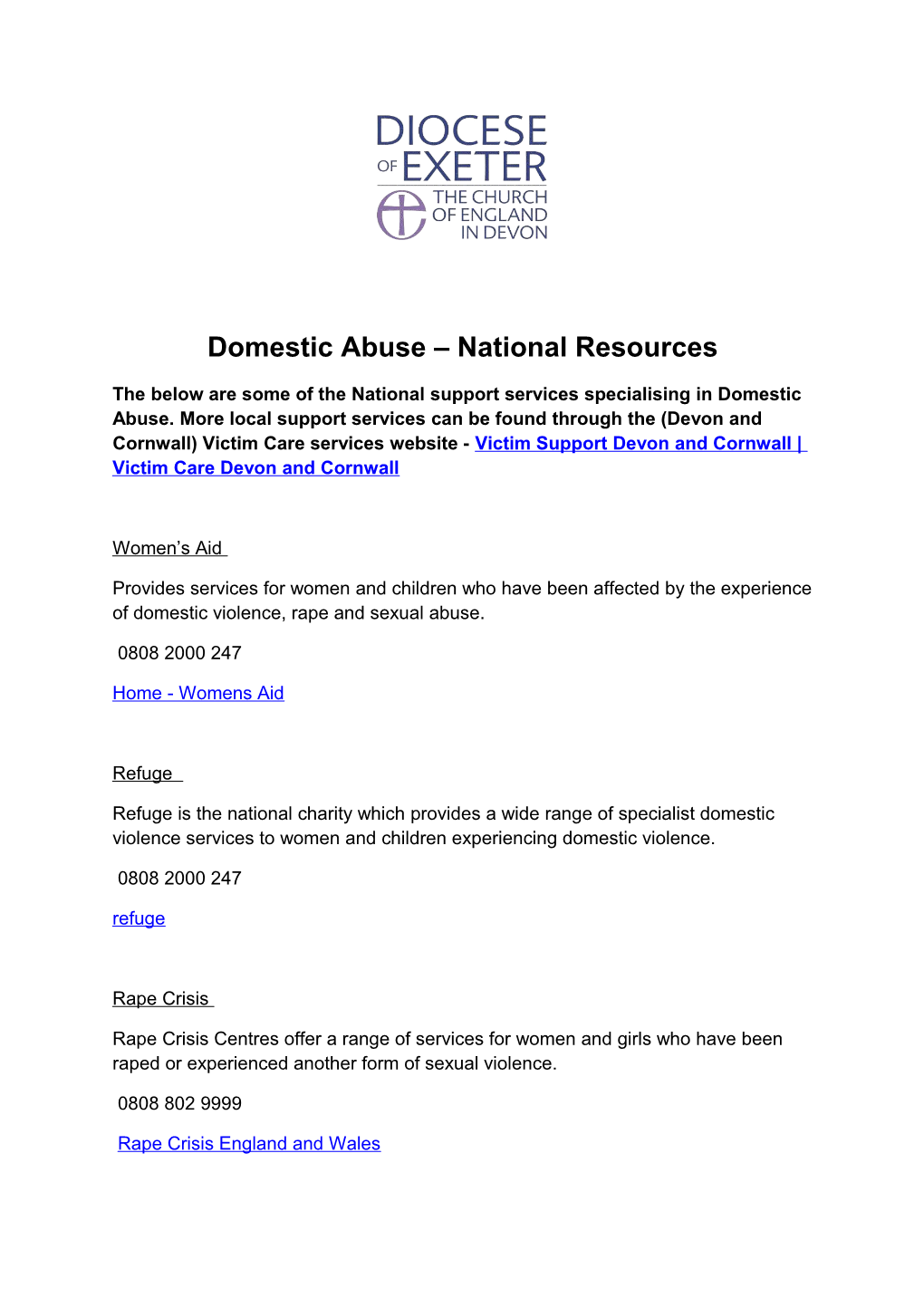 Domestic Abuse National Resources