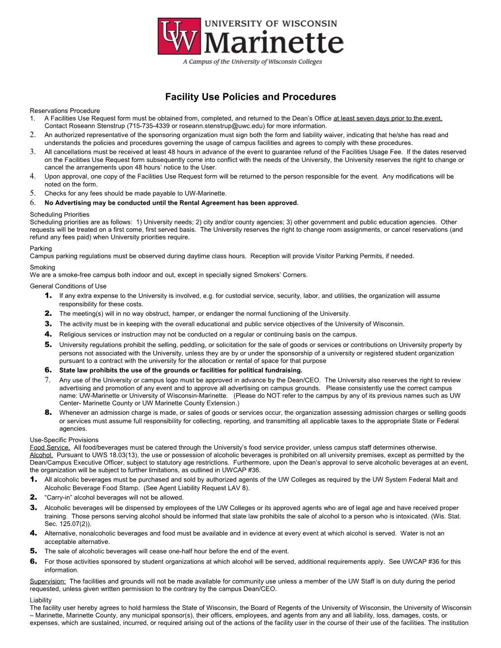 Facility Use Policies and Procedures