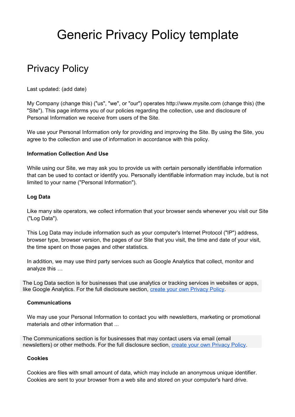 Generic Privacy Policy Template