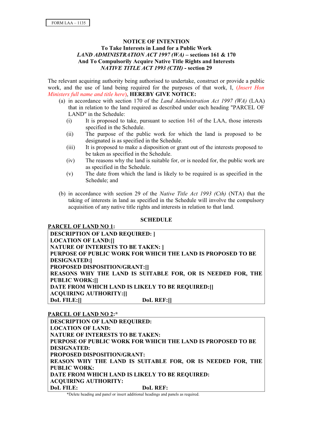 LAA Form 1135 - Notice of Intention to Take Interests in Land for a Public Work and To