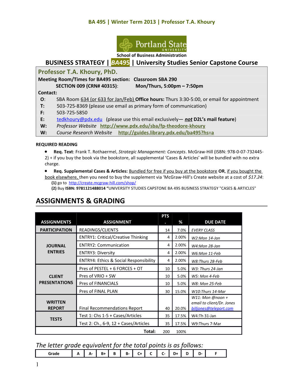 BA 495 Winter Term 2013 Professor T.A. Khoury