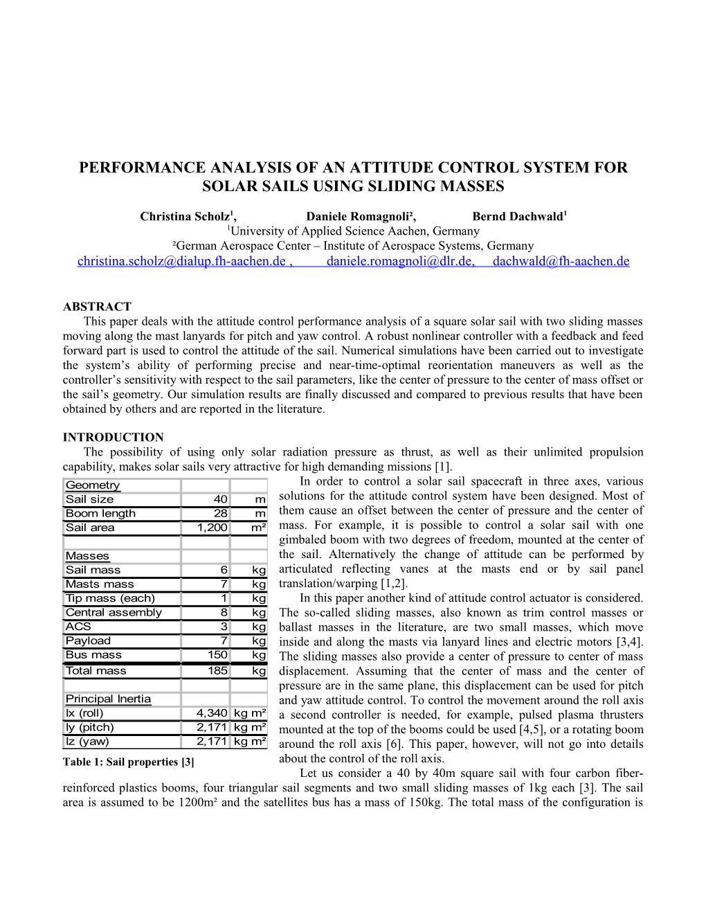 Performance Analysis of an Attitude Control System for Solar Sails Using Sliding Masses