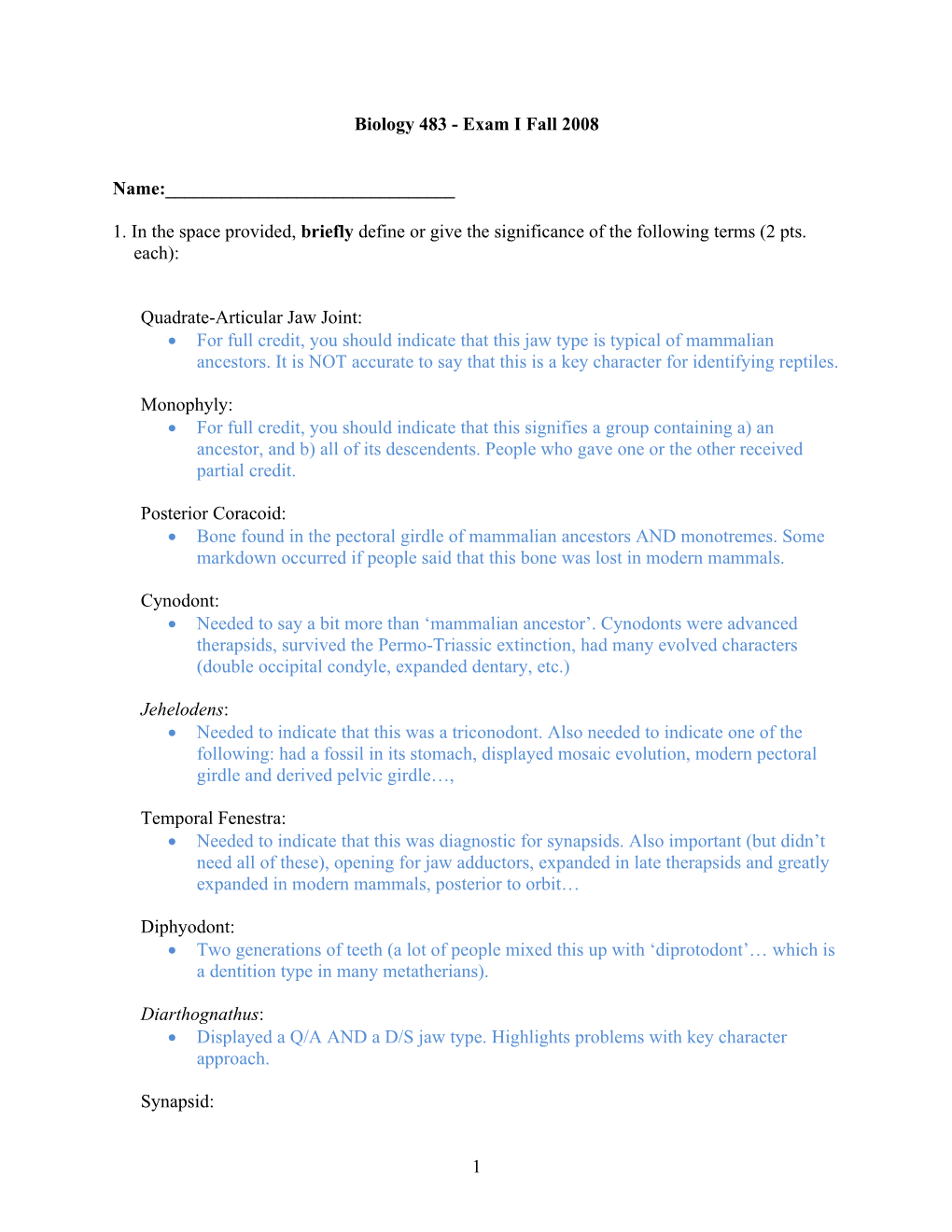 Handout for Mammalogy Lecture 1 - Mammalian Characters