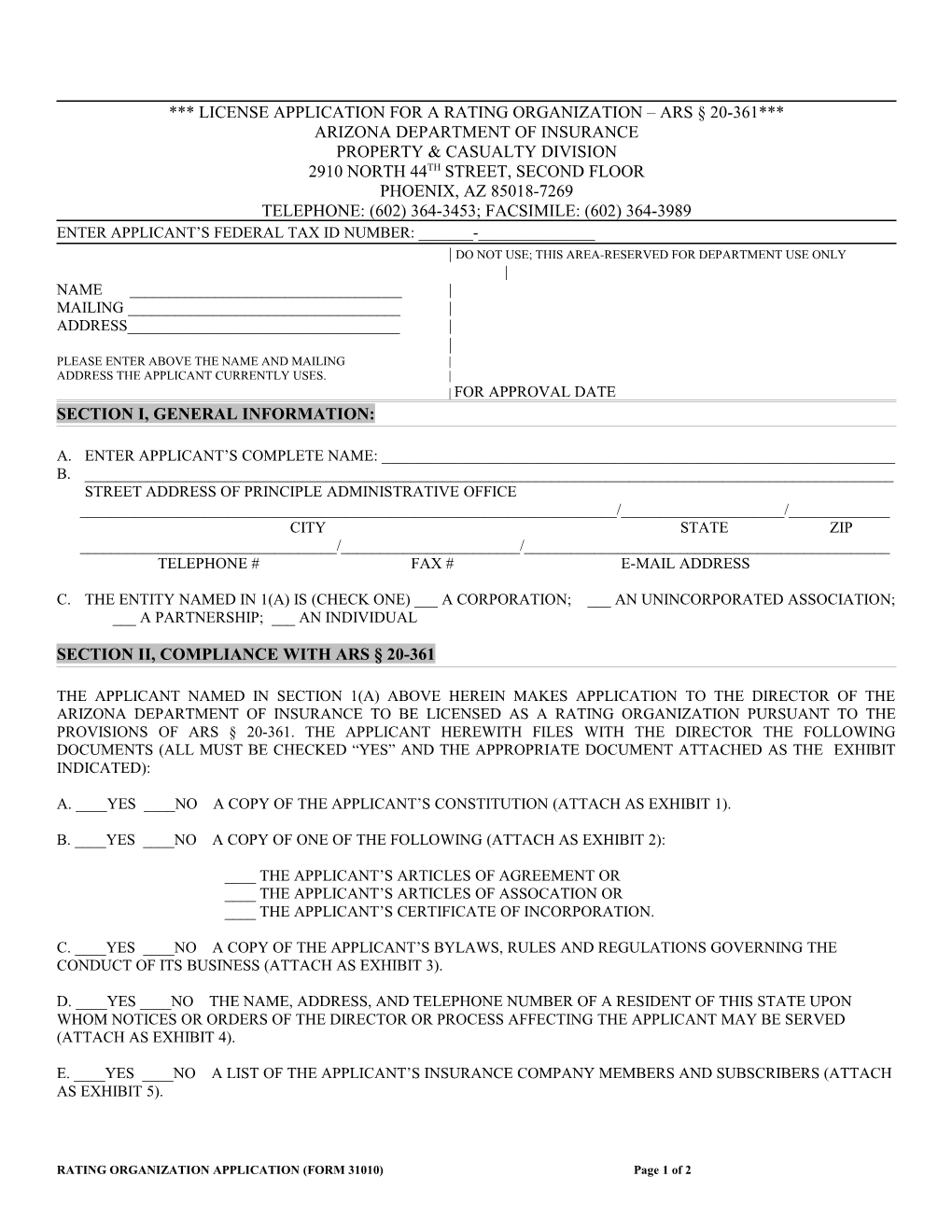 License Application for a Rating Organization Ars 20-361