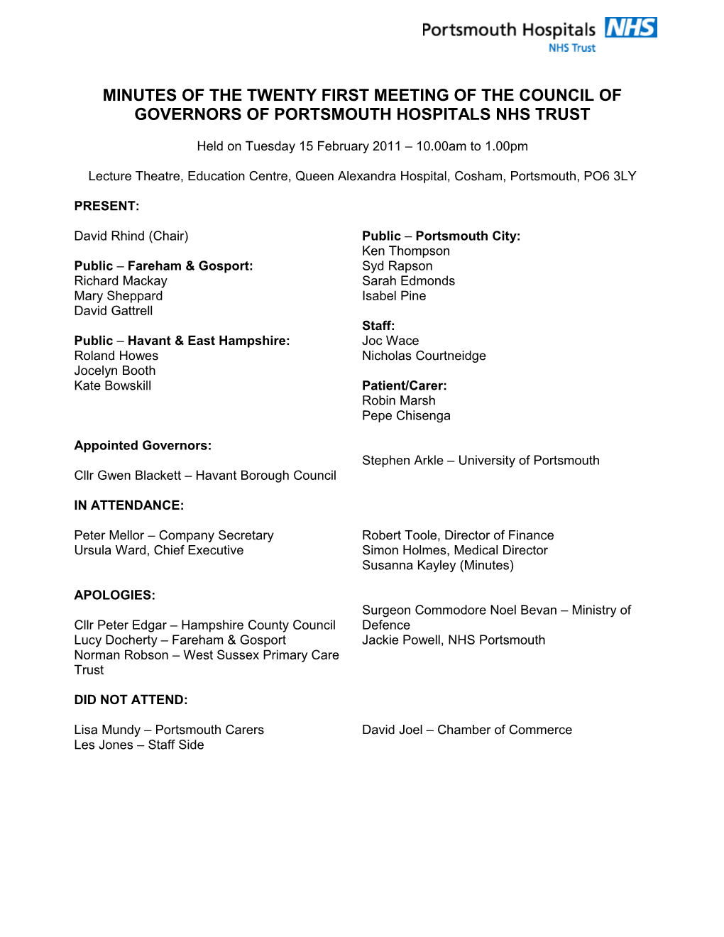 Minutes of the Twenty First Meeting of the Council of Governors of Portsmouth Hospitals