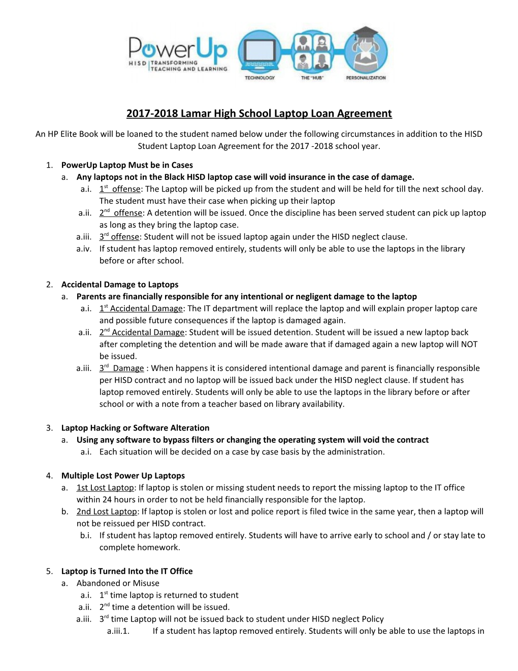 2017-2018 Lamar High School Laptop Loan Agreement
